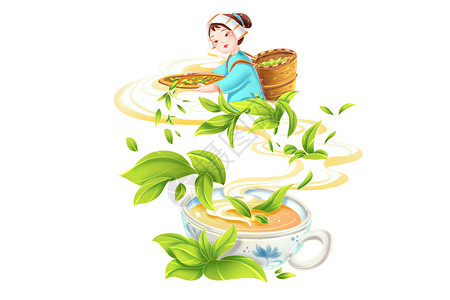 祛湿茶春季茶文化采茶女茶杯茶叶装饰场景插画