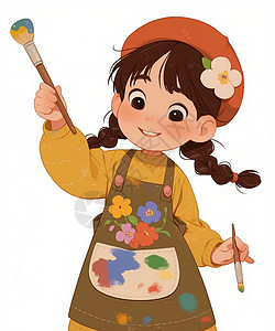 卡通女孩画画手拿着画笔戴着围裙的卡通小女孩插画