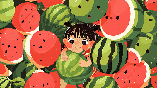 小清新水果在一堆西瓜中的卡通小女孩插画