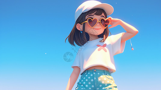 戴墨镜小女孩戴着桃心墨镜和棒球帽的时尚小女孩插画