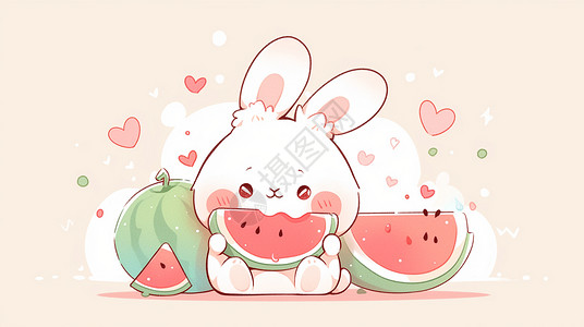 夏至吃西瓜吃西瓜的卡通小白兔插画