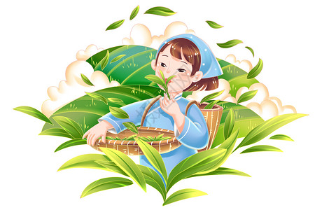 女茶艺师卡通采茶女春季采茶背茶篓形象插画