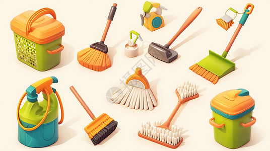 多种款式多种可爱的打扫清洁工具插画
