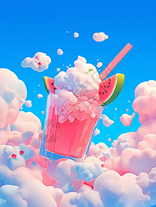 夏日饮品冰激凌在空中云朵上一杯美味清凉的夏日水果饮品插画