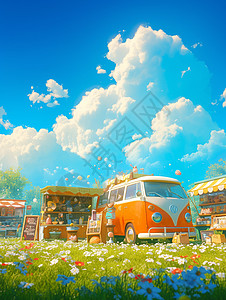 晴朗的天空下在露营基地的一辆卡通露营车插画
