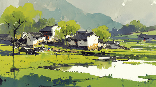 漫山遍野绿色唯美的古风卡通村庄背景图片