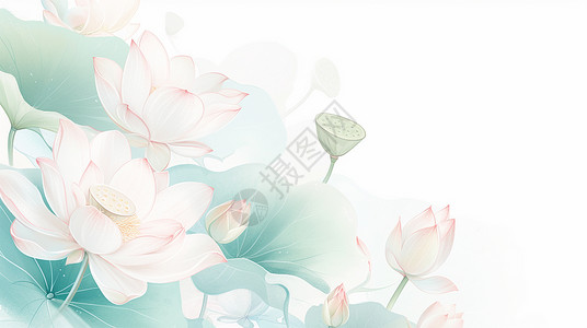 水彩植物背景清新唯美的淡粉色荷花插画