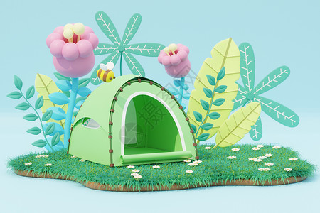 草地和鲜花圆形草坪上的帐篷设计图片