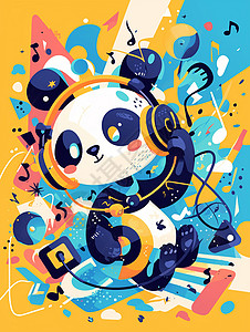 戴着耳麦听音乐帅气的卡通大熊猫插画插画