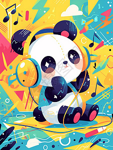 在家听音乐戴着耳麦听音乐帅气的卡通熊猫插画插画
