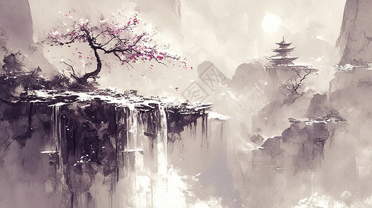 水墨画中国风古风山上生长着一棵古树插画