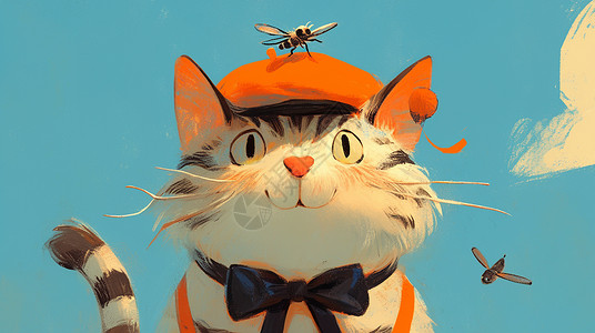 苍蝇戴着橙色贝雷帽的卡通小花猫与昆虫插画