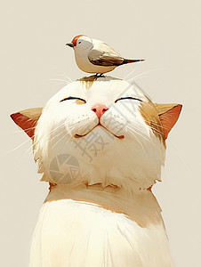 头上落着一只小鸟面带可爱卡通小花猫高清图片