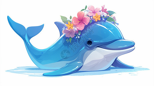蓝色海豚大鱼头上戴着花环可爱的可爱卡通小海豚插画