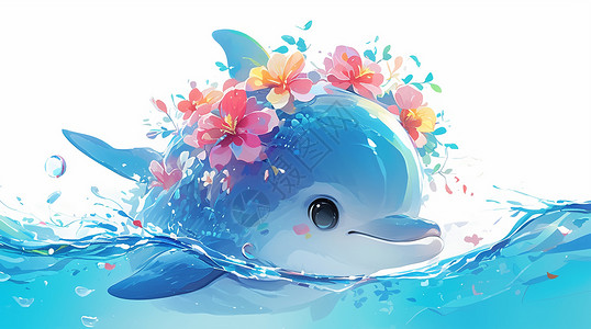 蓝色海豚大鱼头上戴着花环可爱的蓝色卡通小海豚插画