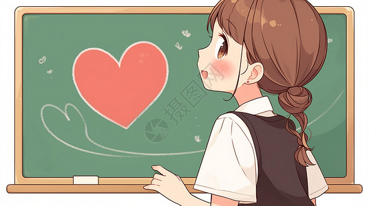 卡通老师讲课在黑板前讲课的卡通女孩插画