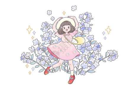 紫色花朵背景唯美治愈鲜花少女紫色鲜花插画