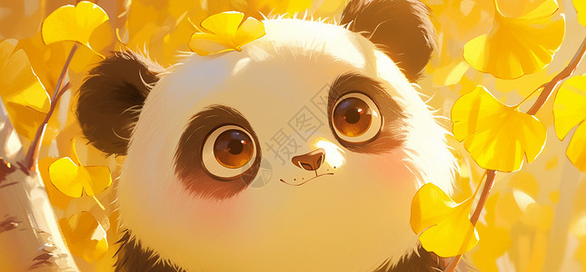 在黄色银杏林中的卡通大熊猫背景图片