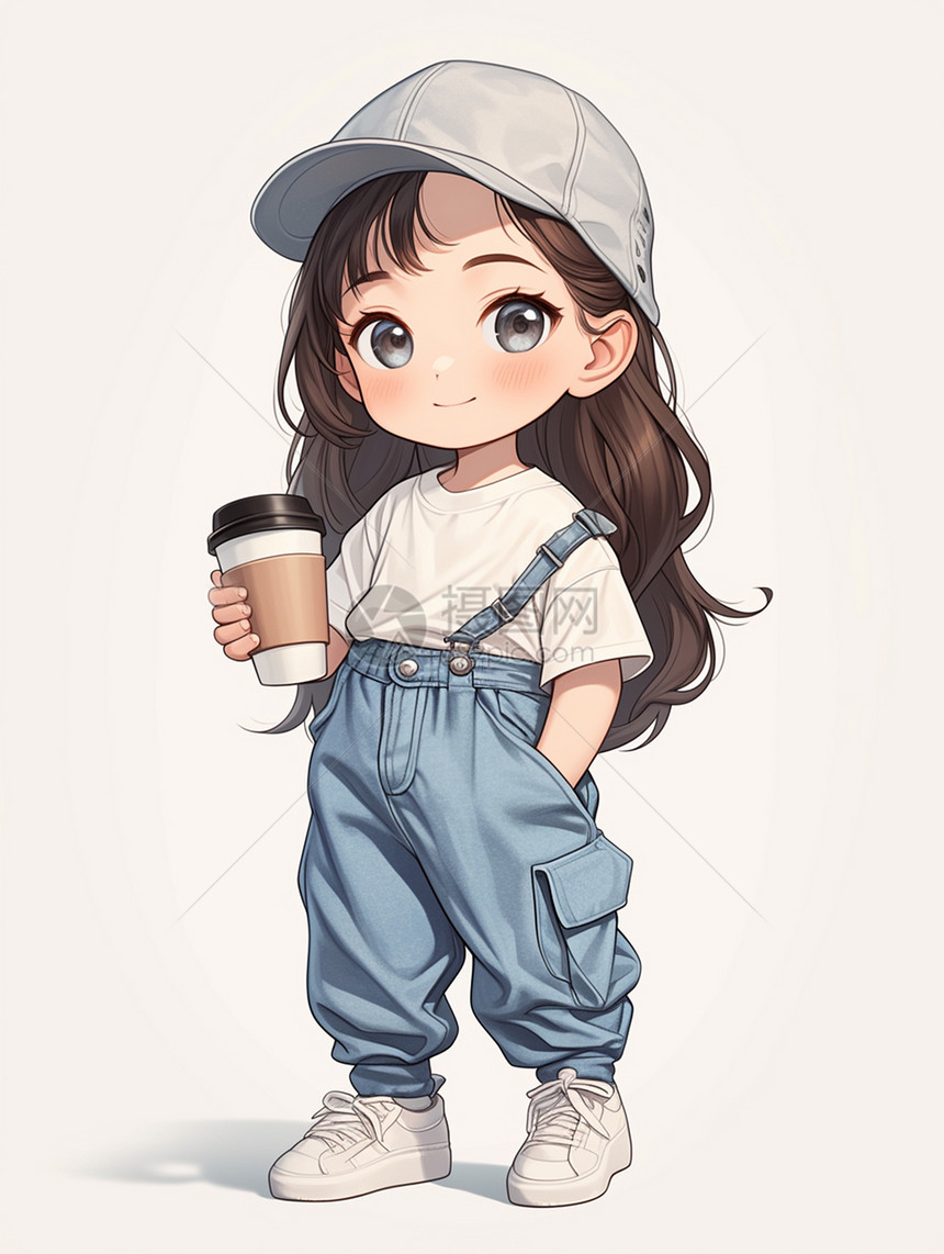 戴棒球帽端着咖啡的时尚卡通女孩图片