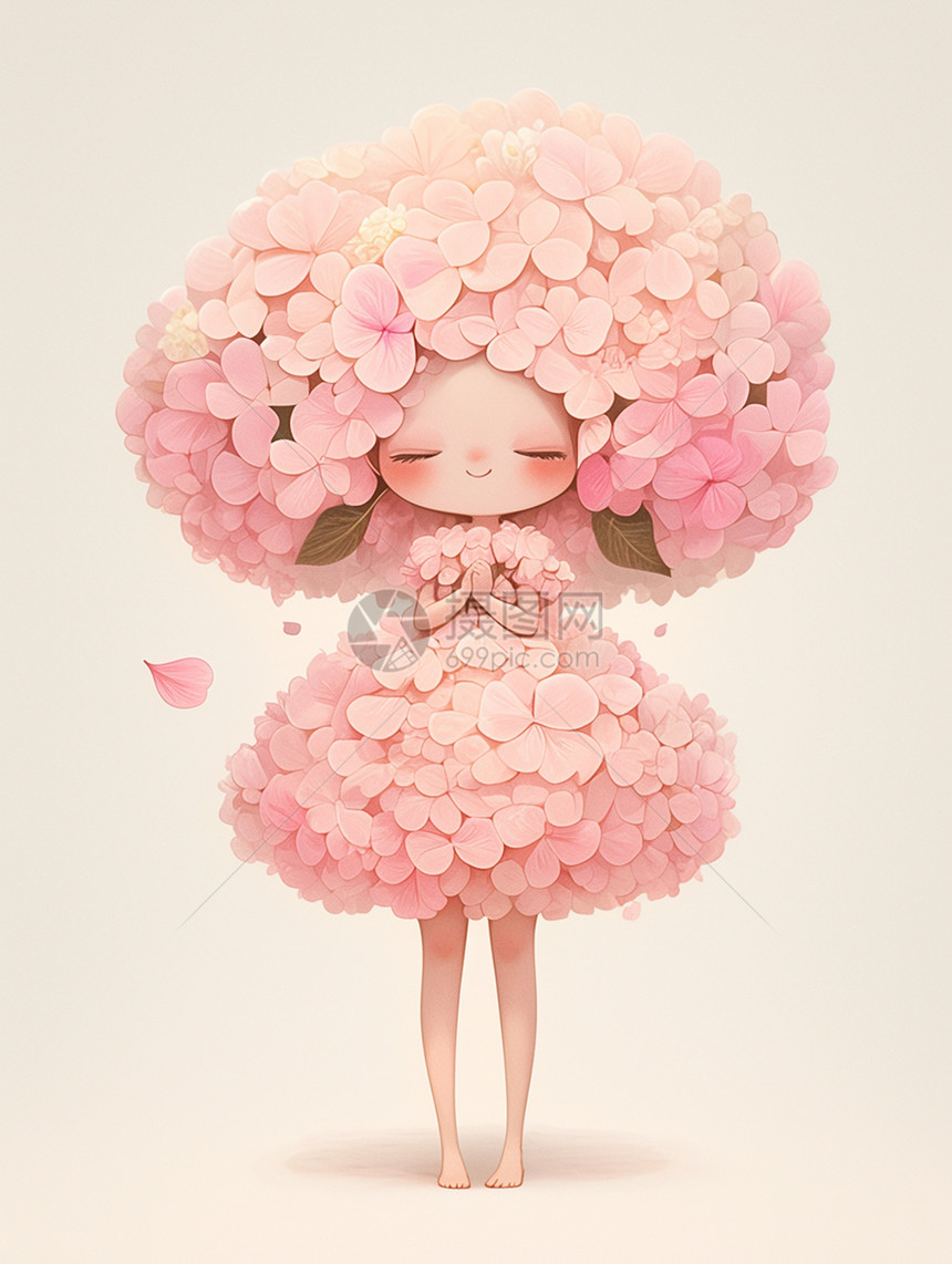 满身粉色花朵微笑的卡通小女孩图片