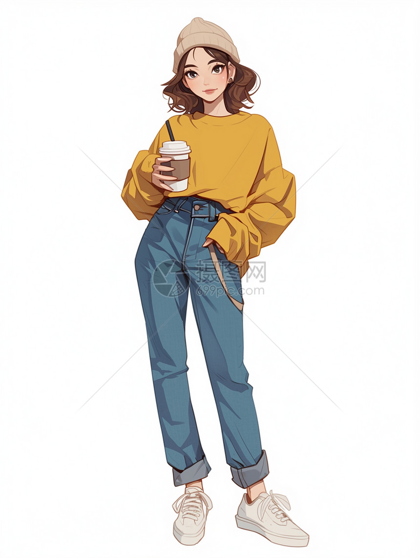 身穿牛仔裤端着咖啡的时尚卡通年轻女孩图片