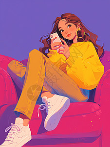 时尚休闲腰包坐在沙发上玩手机的卡通时尚女孩插画