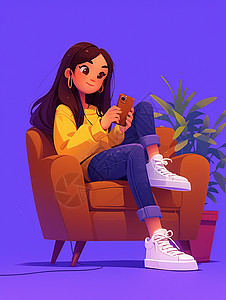 时尚休闲腰包坐在沙发上玩手机的卡通女孩插画