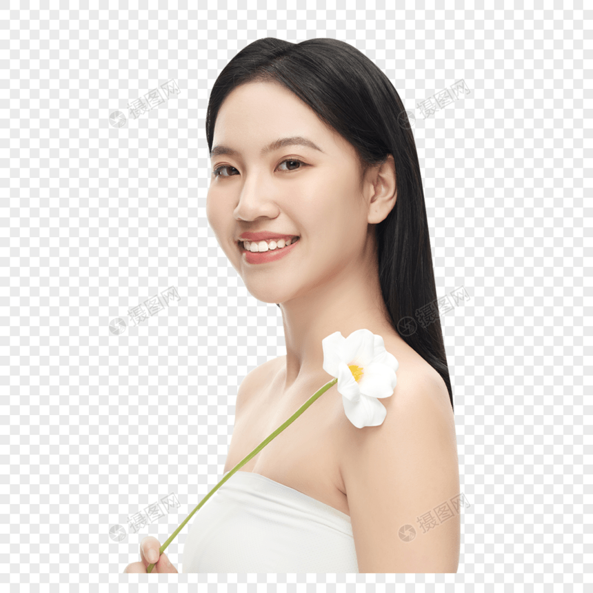 拿着一束白色花朵微笑摆拍的气质美女图片