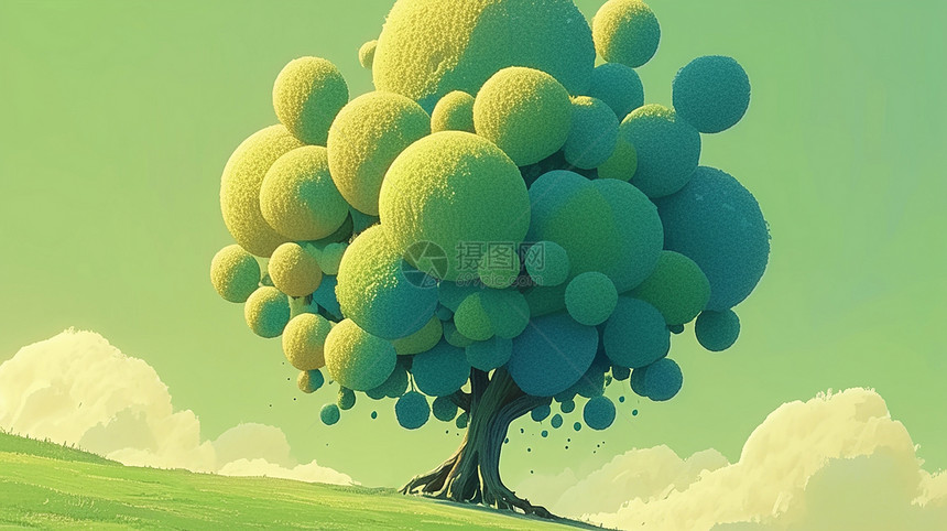 绿色山坡上一棵高大的卡通树图片