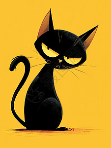 叉腰表情生气黑色简约的卡通小黑猫在生气插画