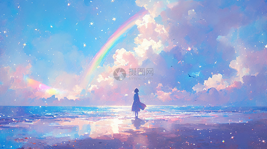 站在大海边欣赏空中彩虹的卡通小女孩背影图片