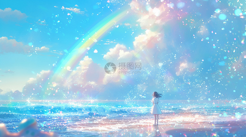 在大海边欣赏空中彩虹的卡通小女孩背影图片