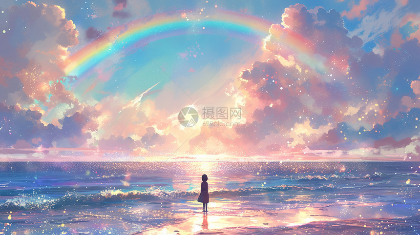 站在大海边欣赏空中彩虹的卡通女孩背影图片