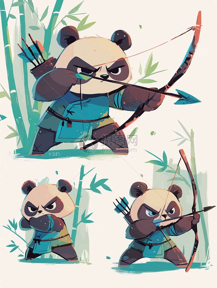 正在拉弓箭练武的卡通大熊猫图片