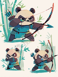 功夫形象正在拉弓箭练武的卡通大熊猫插画