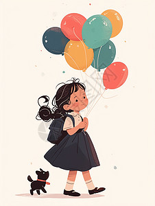身穿背带裙带着很多彩色气球的卡通小女孩与她的小黑狗宠物插画