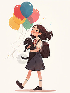 身穿背带裙带着彩色气球的卡通小女孩与她的小黑狗宠物插画