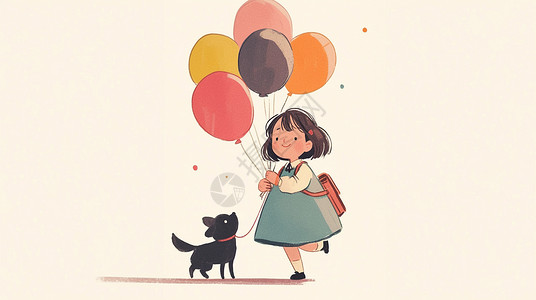 花裙背着书包拿彩色气球与宠物狗一起走路的卡通女孩插画