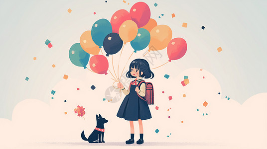 手拿气球的女孩背着书包手拿彩色气球与宠物狗一起走路的卡通小女孩插画
