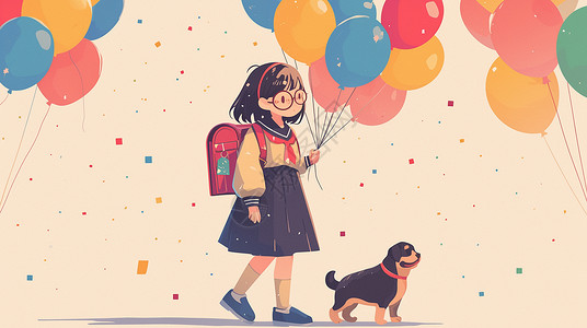 手拿气球的女孩背着书包手拿彩色气球与可爱宠物狗一起走路的卡通女孩插画