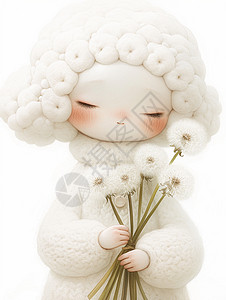 毛茸茸可爱的卡通小羊形象手拿花朵背景图片