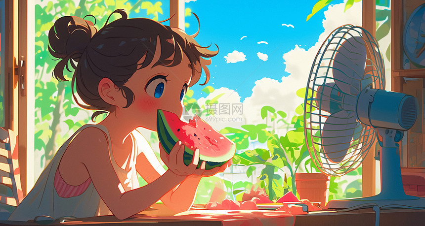 夏天开心吃西瓜吹电风扇的可爱卡通小女孩图片