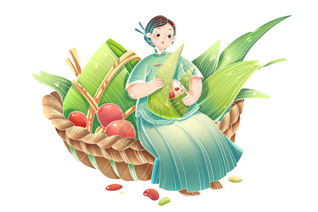 传统美食券端午节中国风女性包粽子装饰插画插画