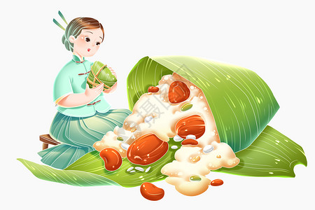 国潮女性中国风端午节传统女性包粽子场景人物形象插画