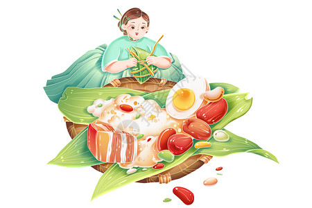 美食传统端午节传统中国风女性包肉粽子场景插画