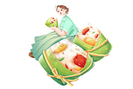 美食吃播端午节传统美食国风女性吃大粽子节日场景插画