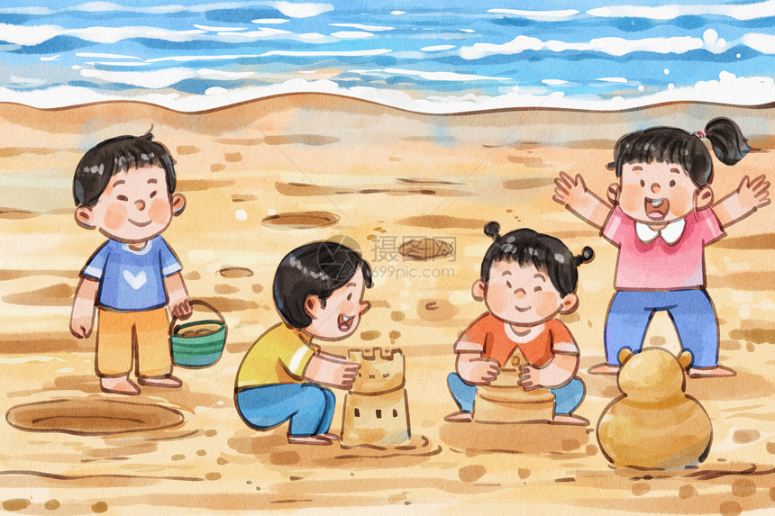 手绘水彩之儿童节大家在海边堆沙子可爱插画图片