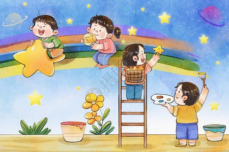 枸杞茶插画手绘水彩之儿童节画画的儿童治愈系插画插画