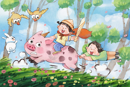 骑电车手绘水彩之骑猪的儿童可爱搞笑治愈系插画插画