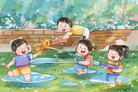 夏季美食节手绘夏天之儿童水枪游戏可爱治愈系插画插画